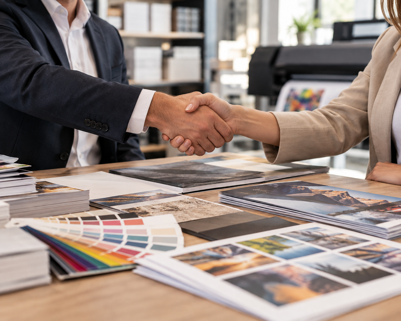 two people shaking hands with design materials